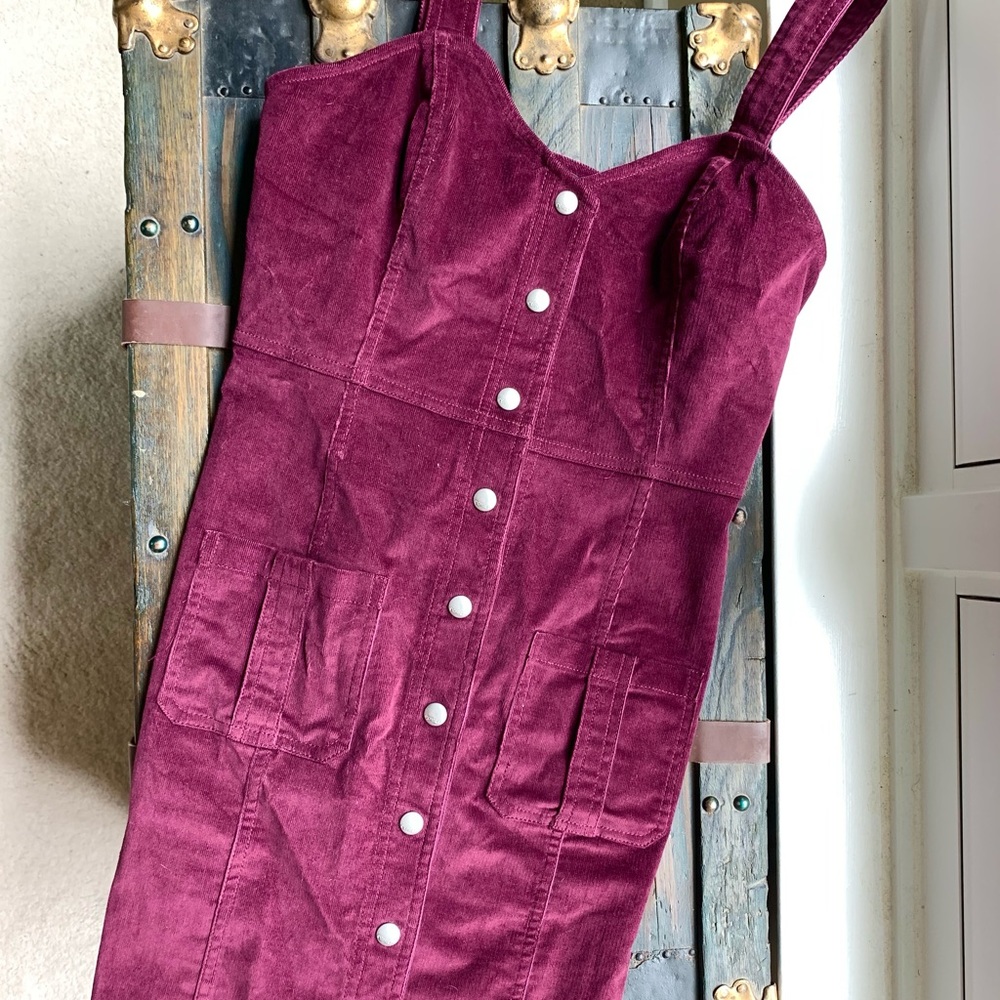 Express Maroon Velvety Corduroy Overall Mini Dress